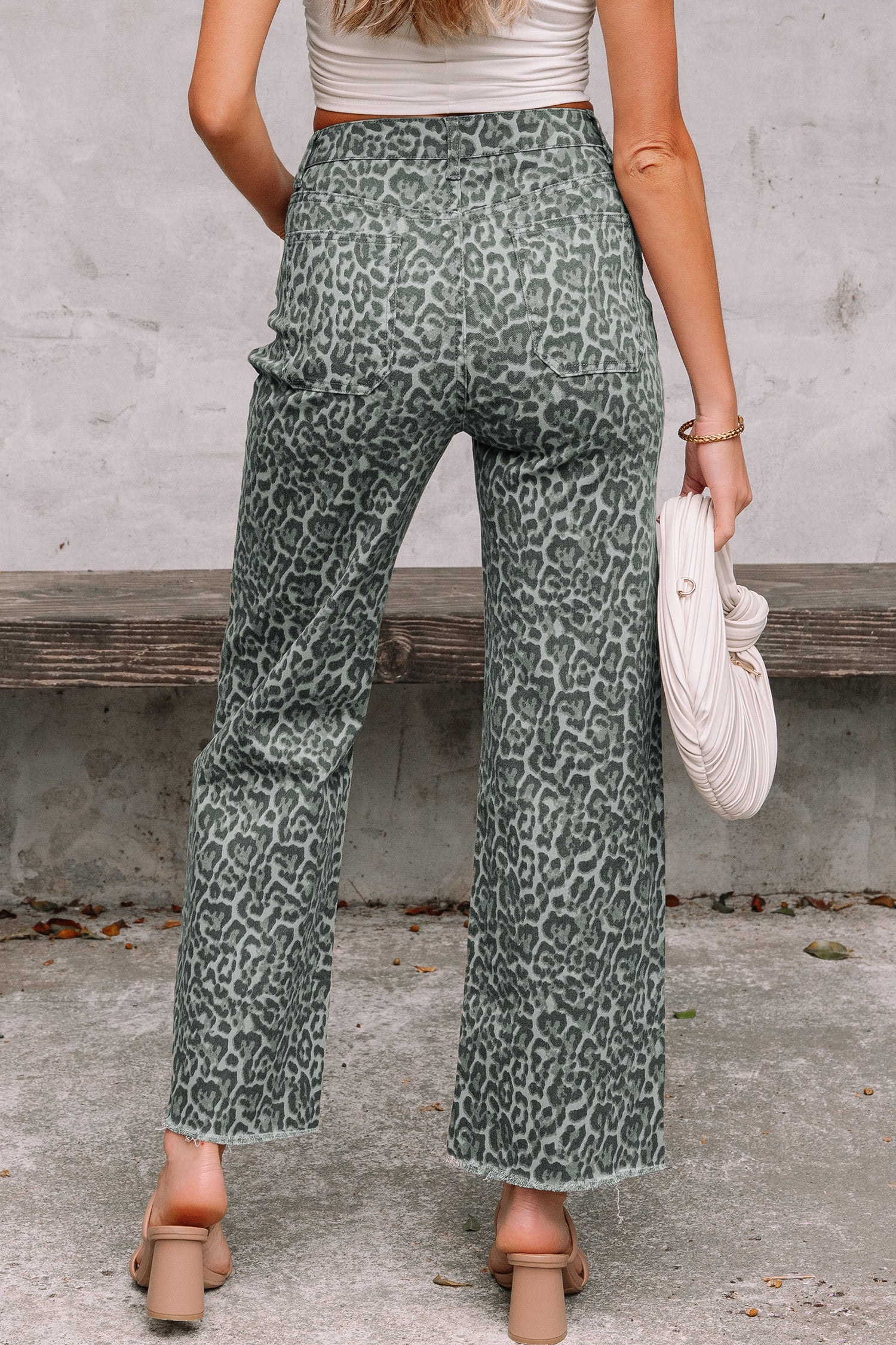Brown Leopard Frayed Edge Wide Leg High Waist Jeans